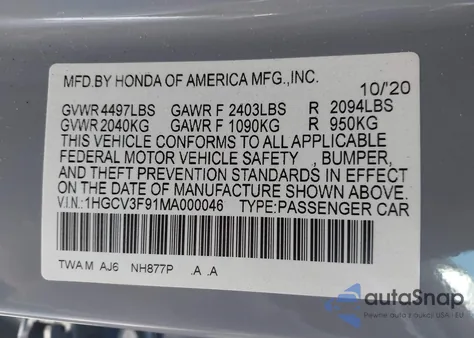 2021 Honda Accord Hybrid Touring z USA, uszkodzony, nr VIN 1HGCV3F91MA000046